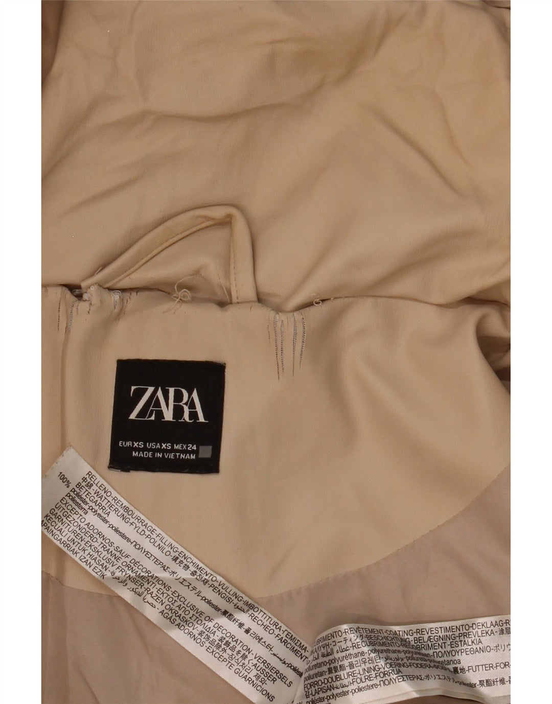Zara Mujer Chaqueta Acolchada Extragrande Con Capucha UK 6 XS Poliéster Beige