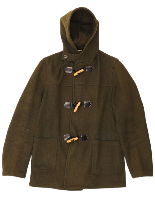 Vintage hombres con capucha Duffle chaqueta Reino Unido 38 lana caqui mediana
