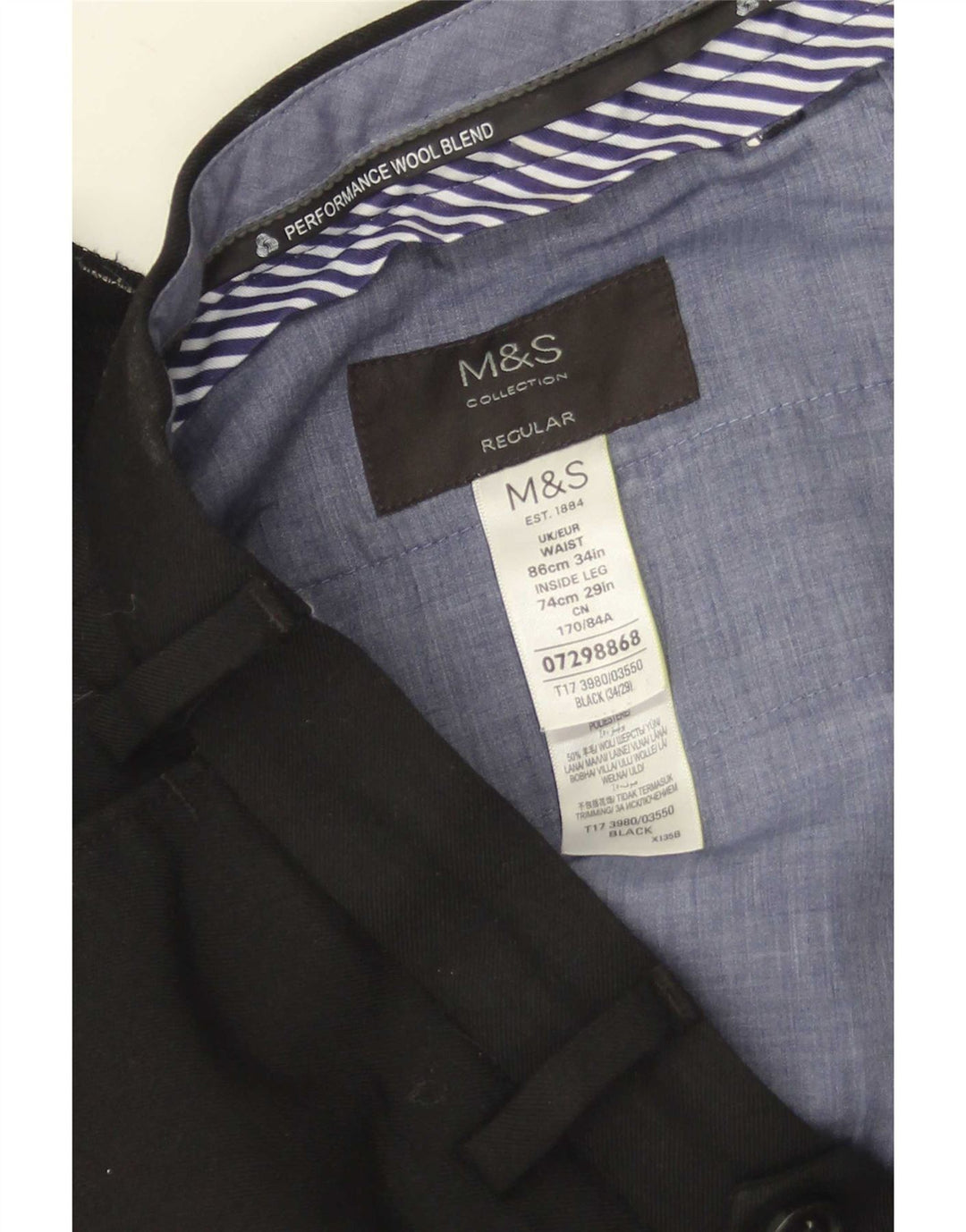 Marks & Spencer Pantalón de traje recto para hombre W34 L29 Lana negra