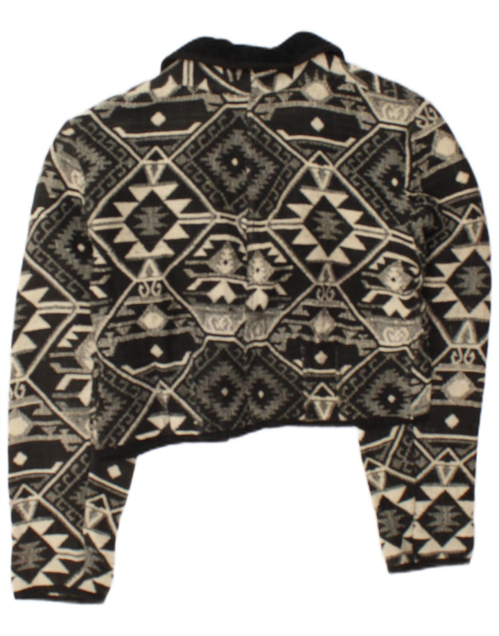 Vintage mujer crop open bomber chaqueta Reino Unido 14 algodón geométrico negro medio