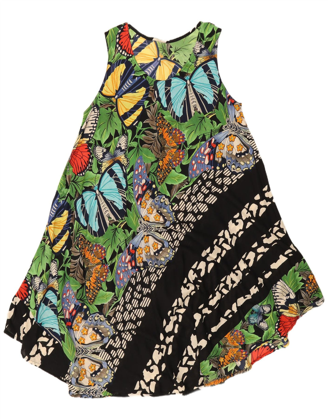 Vintage mujer gráfico vestido de sol Reino Unido 16 gran mariposa multicolor