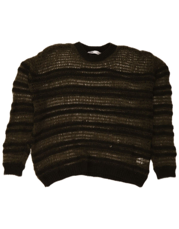 Zara Mujeres Ver A Través De Cuello Redondo Jersey Suéter Reino Unido 10 Pequeño Caqui Rayas