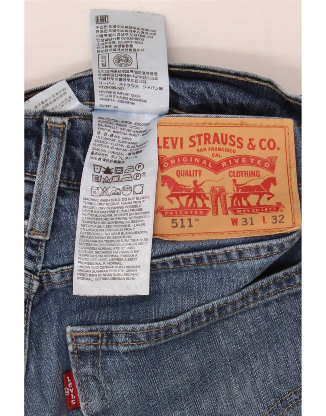 Levi's Hombre 511 Slim Jeans W31 L32 Algodón Azul