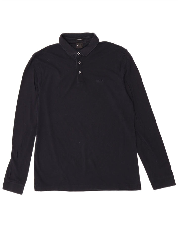 Hugo Boss Hombre Polo De Manga Larga De Algodón Azul Marino Medio