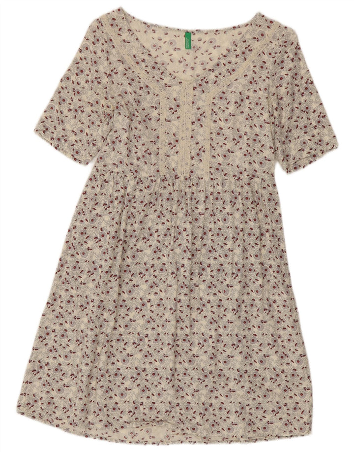 BENETTON Vestido acampanado para mujer UK 6 XS Off White Floral Viscosa