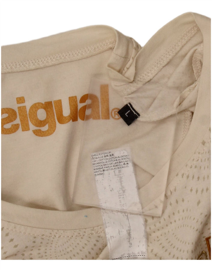 DESIGUAL Camiseta gráfica para mujer Top UK 40 Large Beige Spotted Cotton