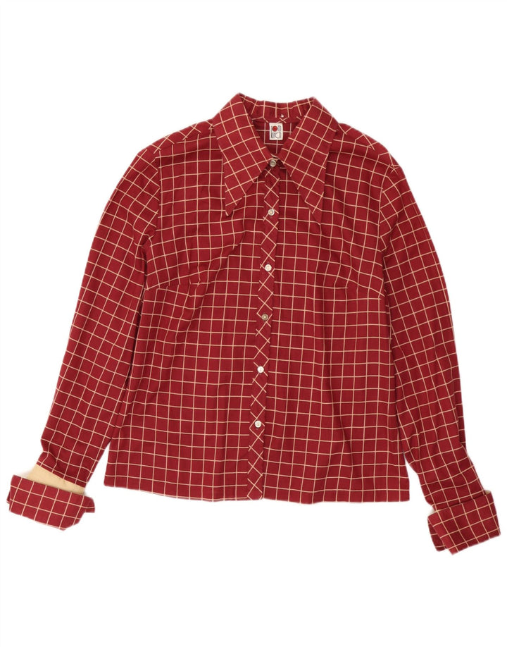 Vintage mujer camisa formal Reino Unido 14 cheque burdeos medio