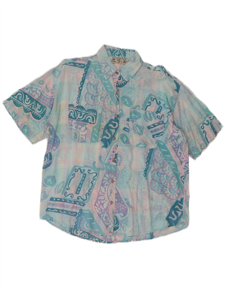 Vintage mujer camisa de manga corta Reino Unido 14 grande turquesa patchwork retro