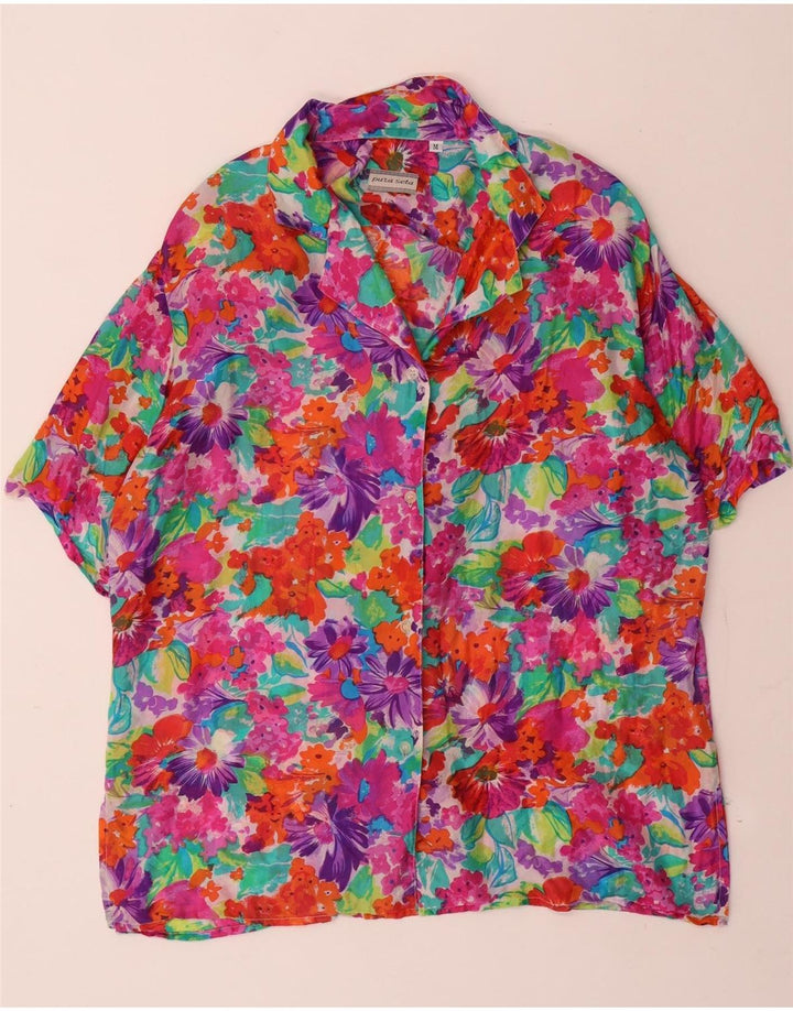 VINTAGE Mujer Camisa de Manga Corta Blusa Reino Unido 14 Medio Multicolor Floral