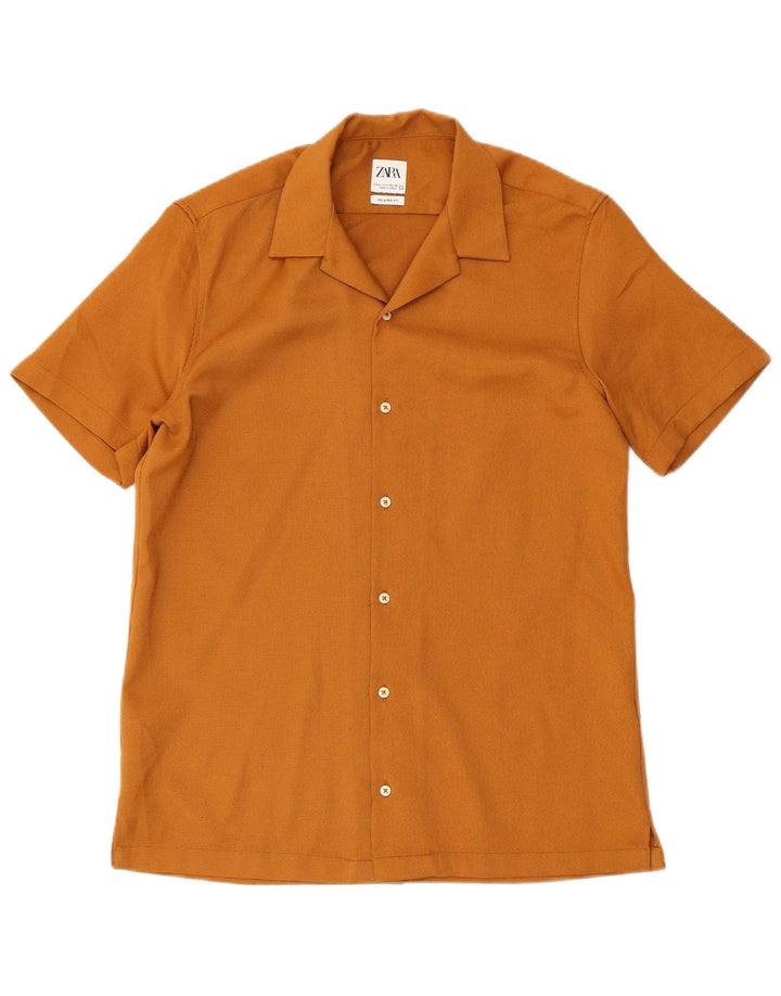 Zara Hombre Camisa De Manga Corta De Corte Relajado Small Marrón