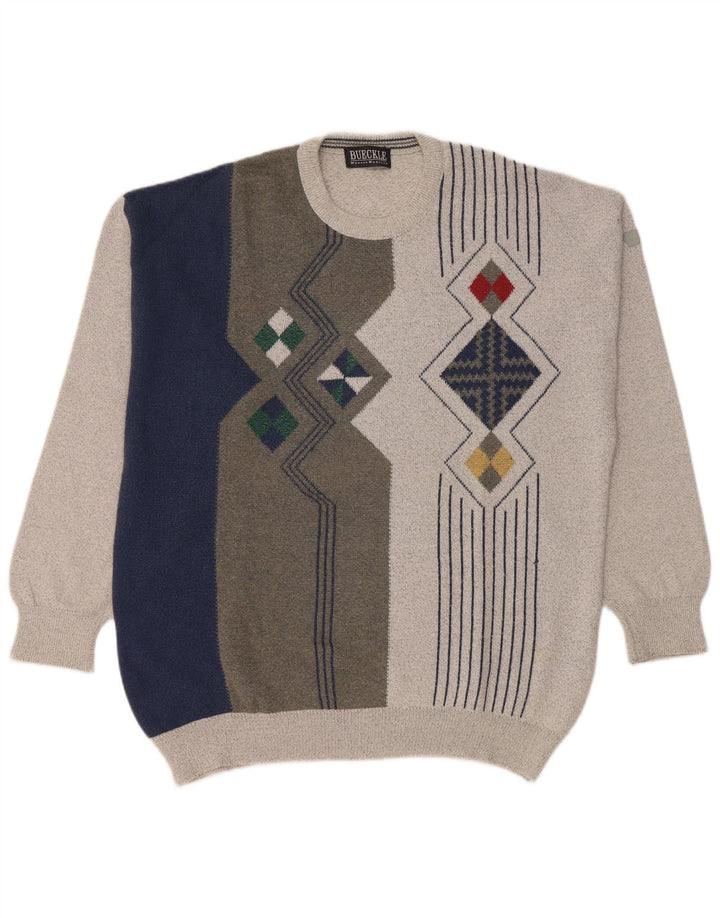 Vintage hombres cuello redondo jersey suéter grande gris colorblock