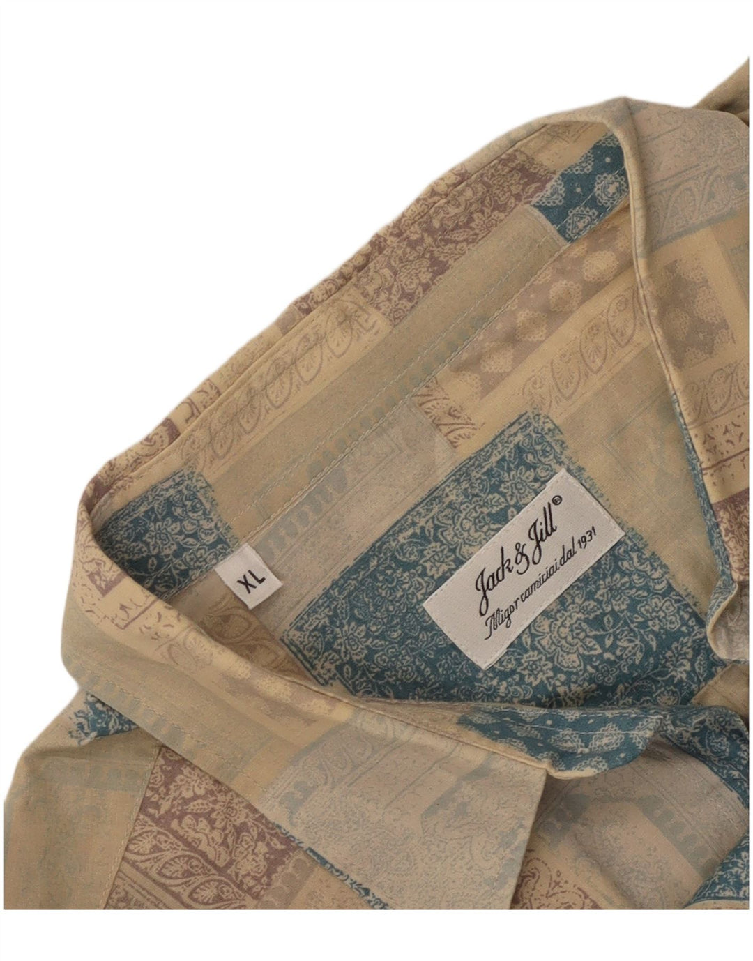 Camisa Vintage Hombre Manga Corta XL Beige Patchwork