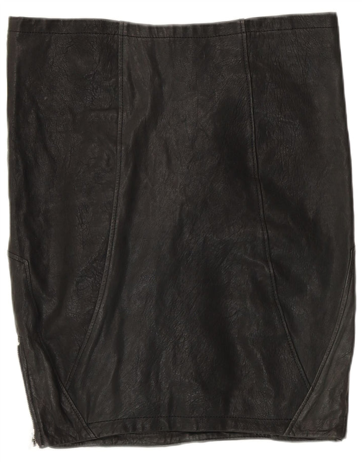 VINTAGE Falda de cuero para mujer Reino Unido 12 Medio W30 Cuero patchwork negro
