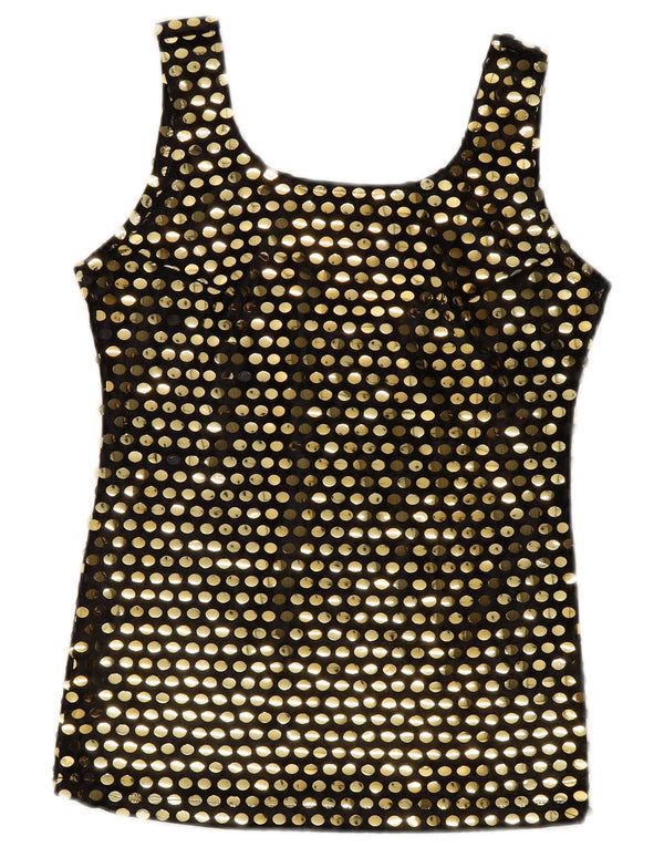 Vintage mujer blusa sin mangas Top Reino Unido 10 pequeño poliéster negro