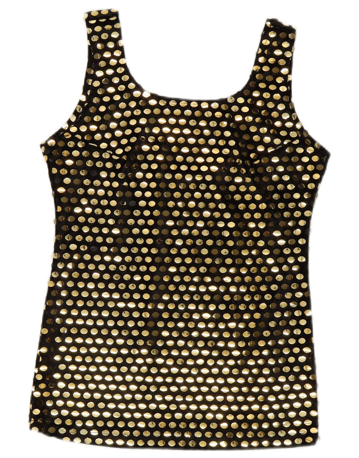 Vintage mujer blusa sin mangas Top Reino Unido 10 pequeño poliéster negro