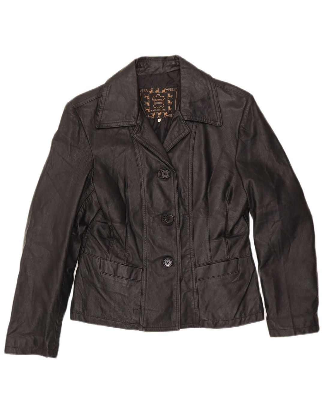 Vintage mujer 3 botones cuero Blazer chaqueta Reino Unido 14 grande negro