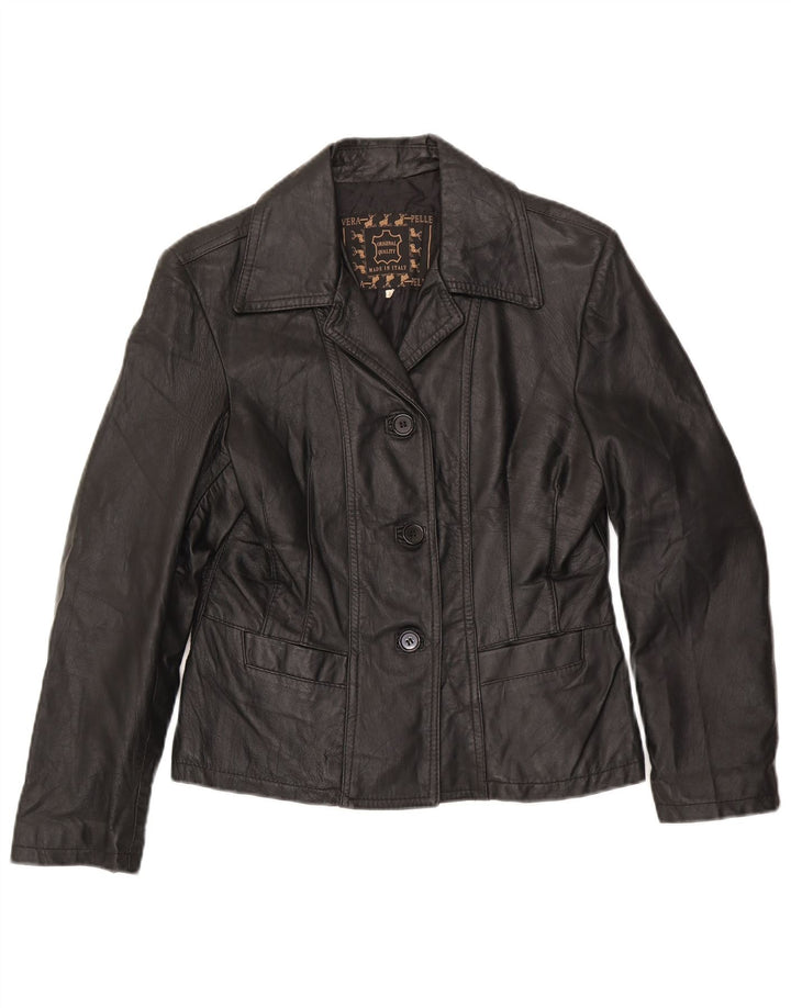 Vintage mujer 3 botones cuero Blazer chaqueta Reino Unido 14 grande negro