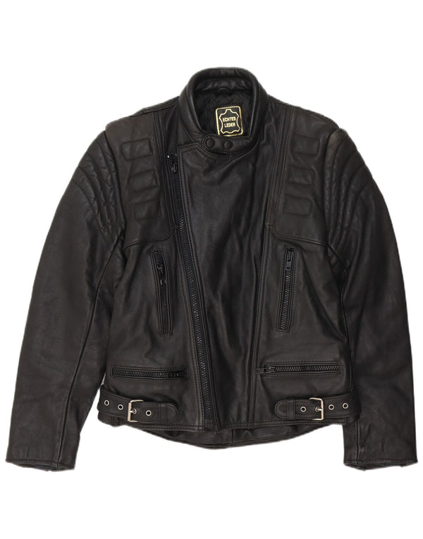 Vintage hombres cuero biker chaqueta EU 48 cuero negro medio