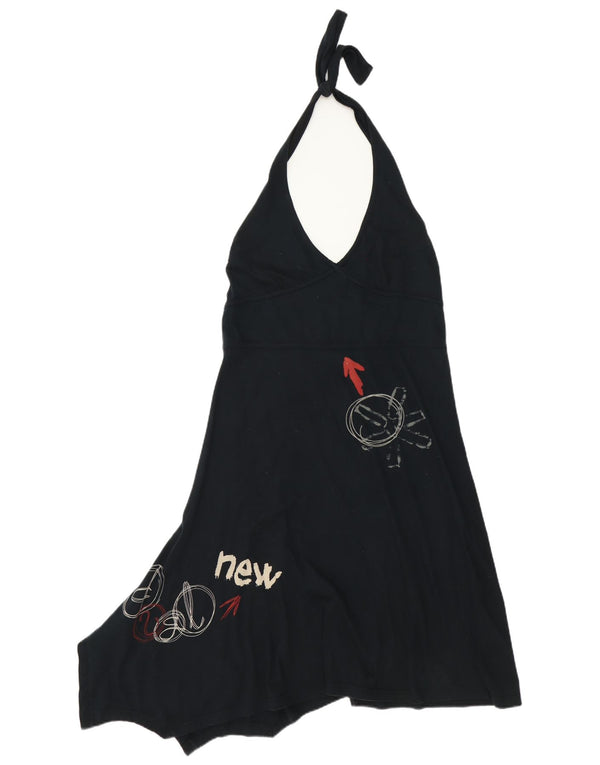 Desigual Vestido Halter Asimétrico Gráfico Mujer UK 18 XL Algodón Negro