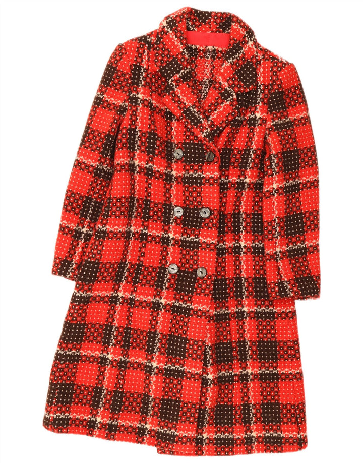 Vintage mujer doble pecho abrigo Reino Unido 8 pequeño cheque rojo
