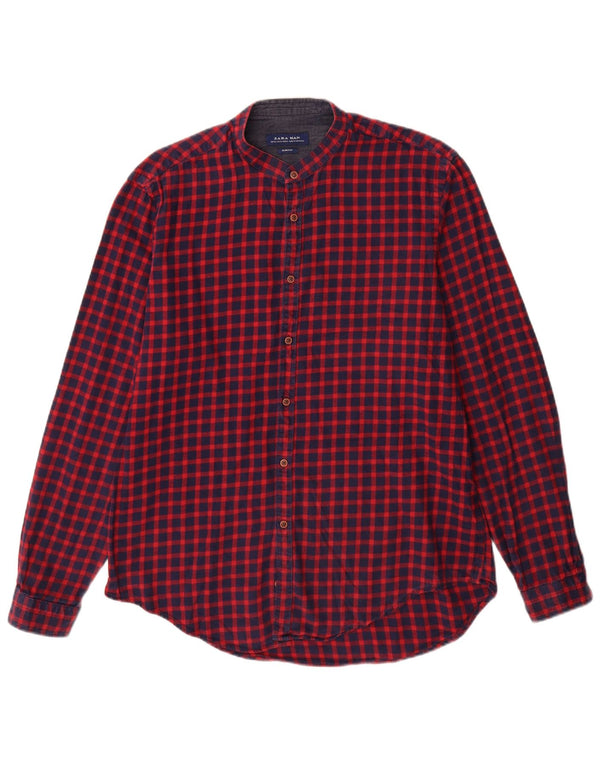 Zara Hombre Camisa Slim Fit XL Algodón Vichy Burdeos