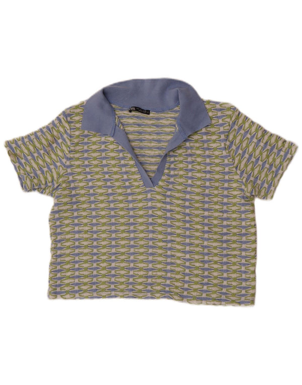 Zara Polo Corto Mujer UK 40 Poliéster Geométrico Verde Pequeño