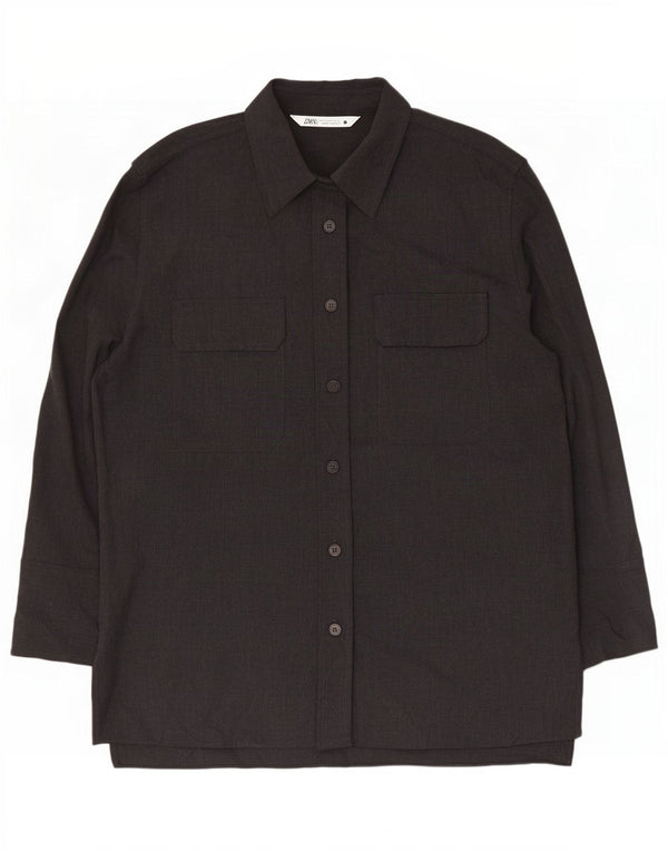 Zara Vestido Camisero De Manga Larga De Corte Relajado para Mujer UK 40 Pequeño Poliéster Gris