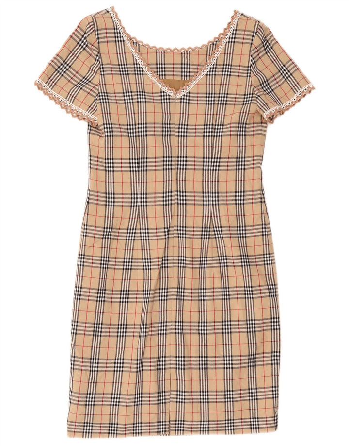 Vintage mujer vestido de vaina Reino Unido 12 cuadros beige medio
