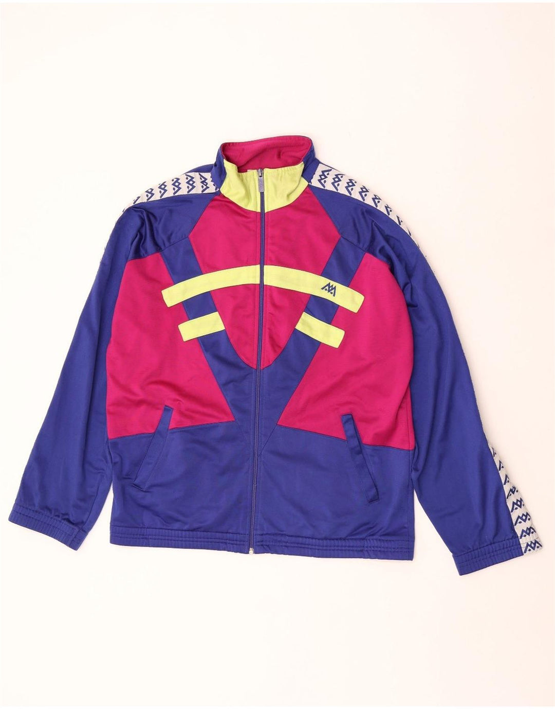 Vintage hombres gráfico chándal top chaqueta grande azul colorblock poliéster