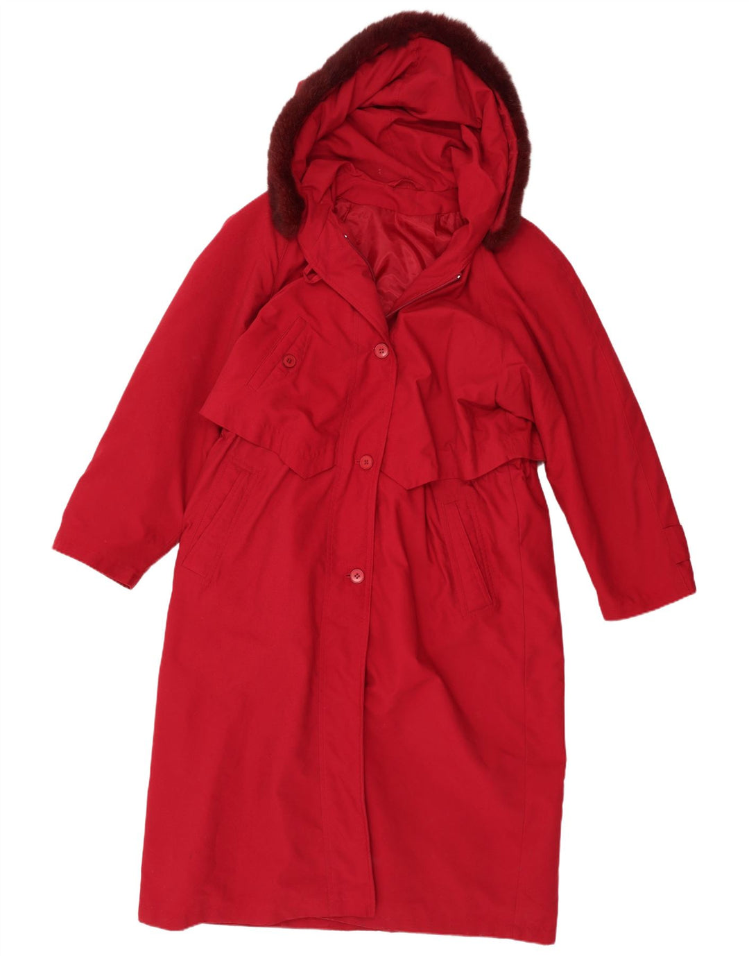 Vintage mujer con capucha gabardina Reino Unido 14 poliéster rojo grande