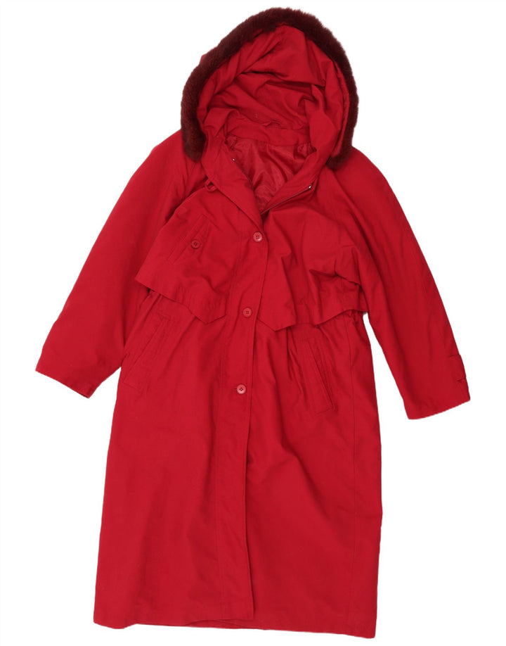 Vintage mujer con capucha gabardina Reino Unido 14 poliéster rojo grande