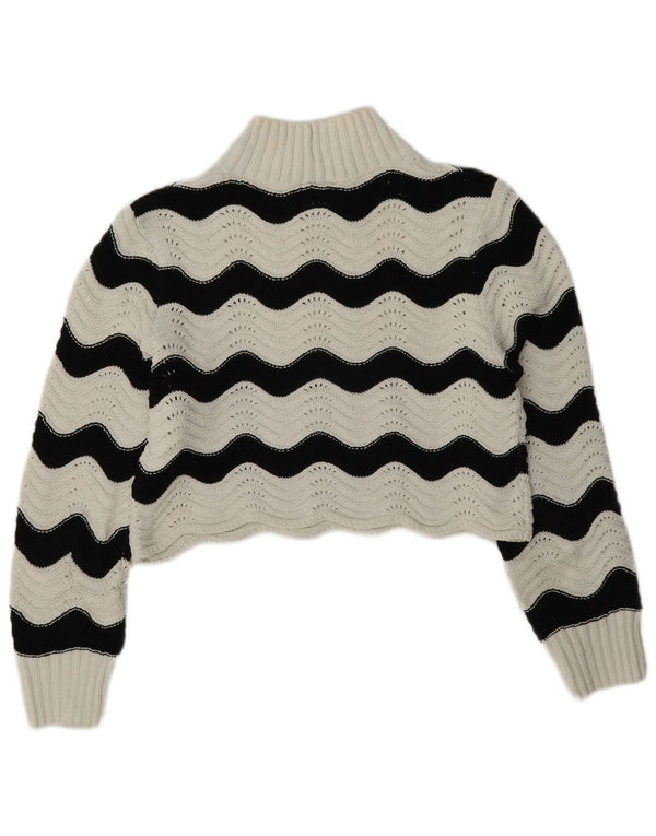 Zara Mujer Crop Turtle Neck Jumper Sweater UK 10 Small Blanco Rayas
