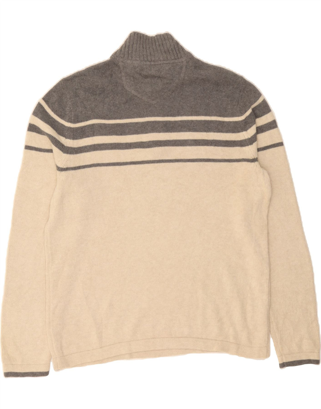 EDDIE BAUER Mens Zip Neck Jumper Sweater Medium Beige Colourblock Cotton Vintage Eddie Bauer and Second-Hand Eddie Bauer from Messina Hembry 