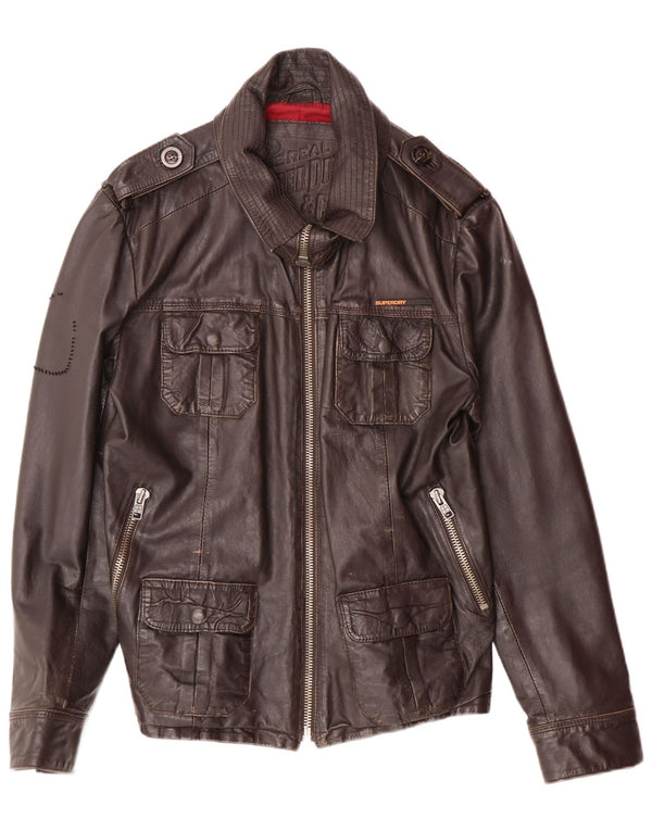 Superdry Chaqueta de cuero militar para hombre Reino Unido 40 Cuero marrón grande