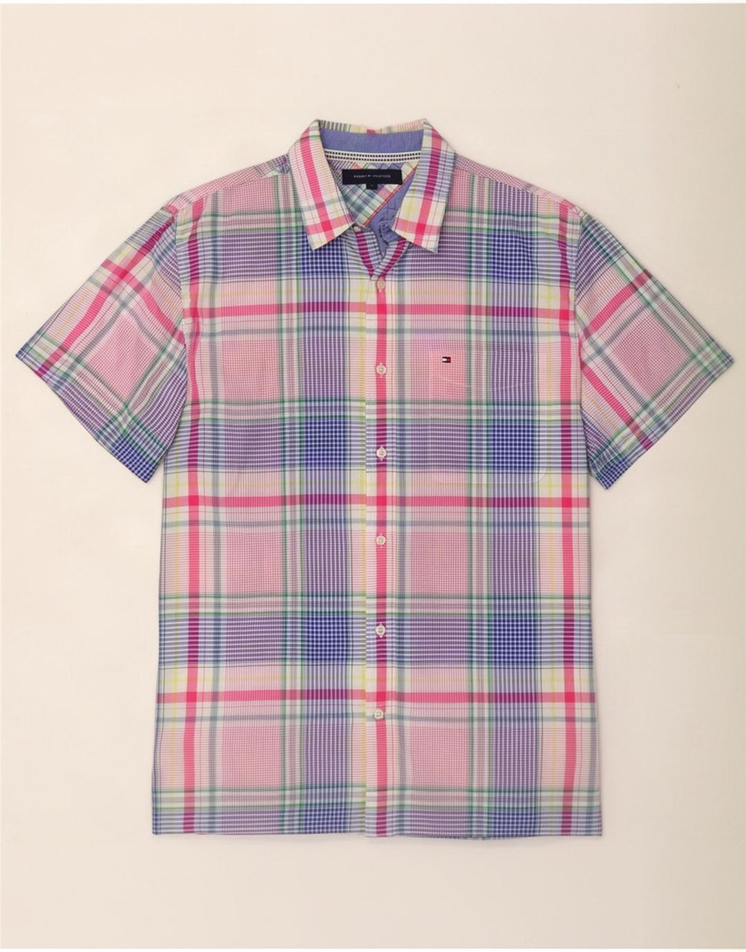 Camisa Tommy Hilfiger de manga corta para hombre, talla grande, de algodón a cuadros multicolores