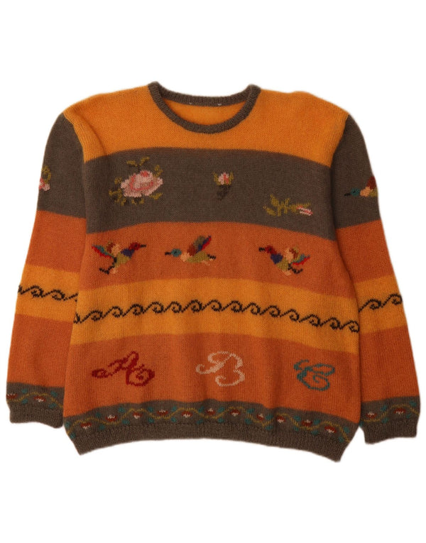 Vintage mujer cuello redondo jersey suéter Reino Unido 18 XL naranja colorblock novedad