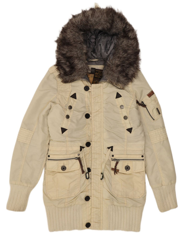 KHUJO Chaqueta Parka con Capucha para Mujer UK 40 Grande Nylon Blanco Roto
