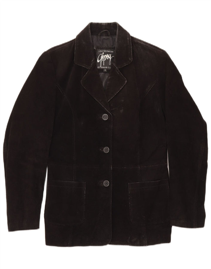 GYPSY Chaqueta Blazer de Ante con 3 Botones para Mujer UK 40 Mediana Cuero Negro