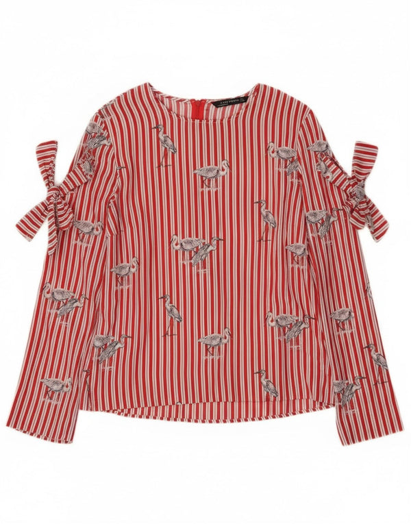 Zara Blusa de manga larga con pajarita para mujer Top UK 46 Large Red Stripe Bird