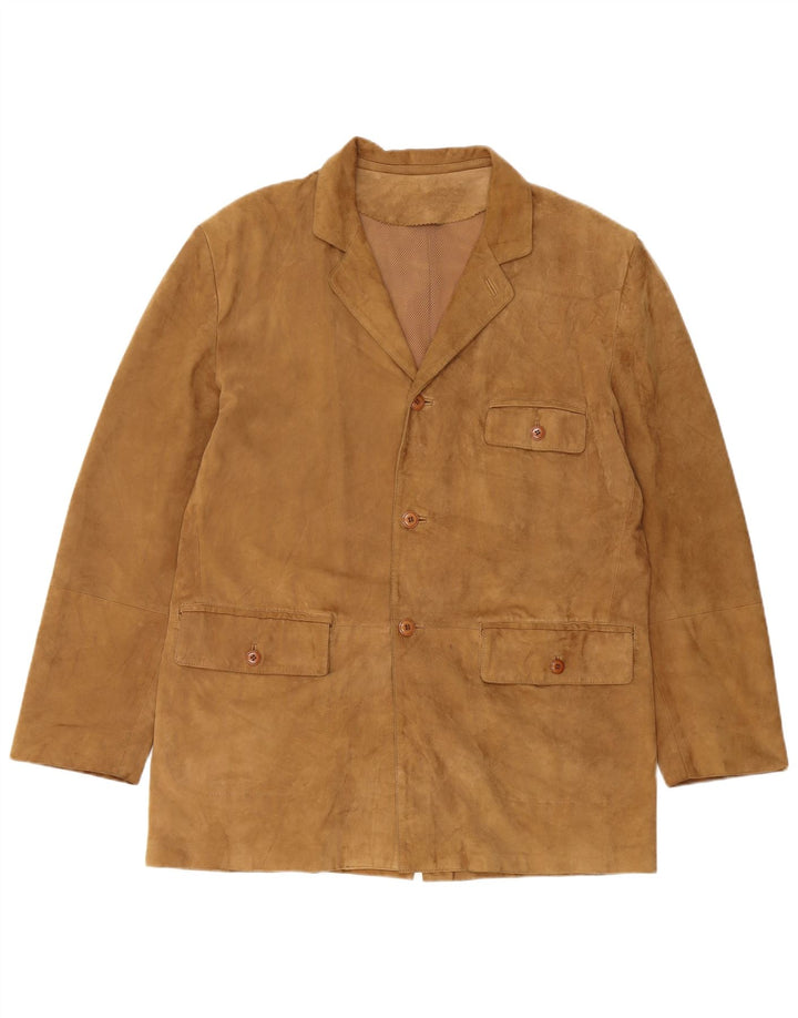 VINTAGE Hombres 3 Botones Ante Blazer Chaqueta Reino Unido 40 Cuero Beige Grande