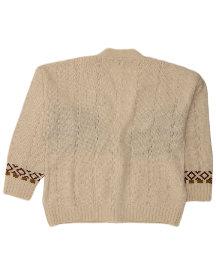 Vintage hombres Cardigan suéter medio blanco Fair Isle