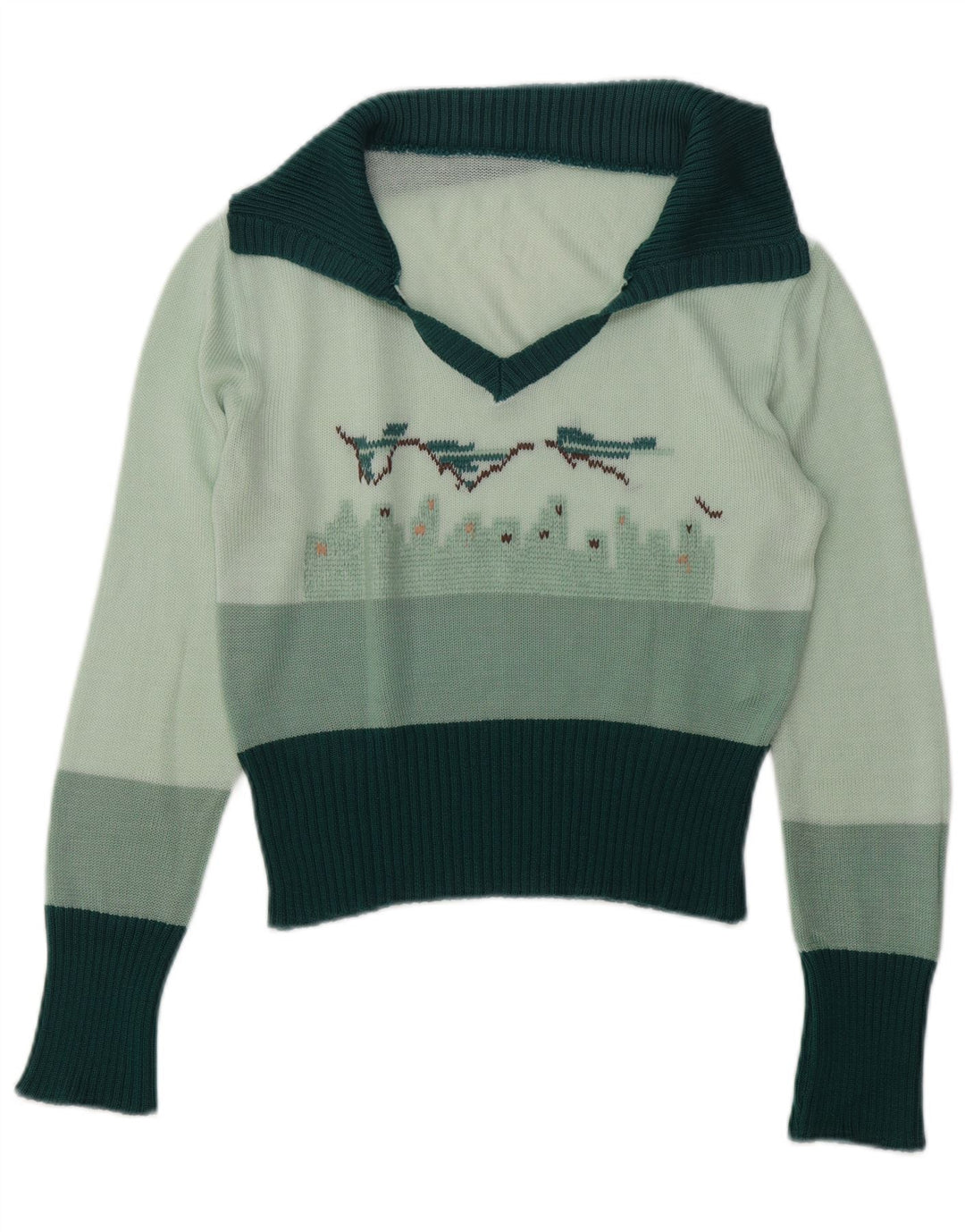 Vintage mujer gráfico polo cuello jersey suéter Reino Unido 14 verde medio