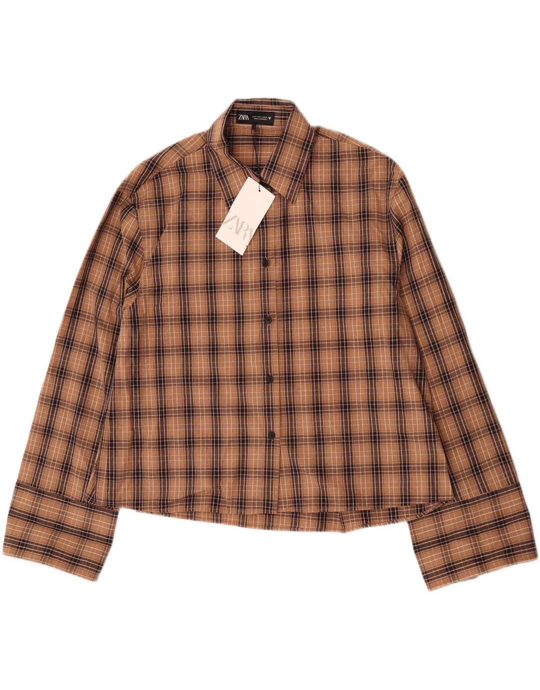 Zara Mujer Camisa Extragrande UK 10 Small Marrón Cuadros Algodón