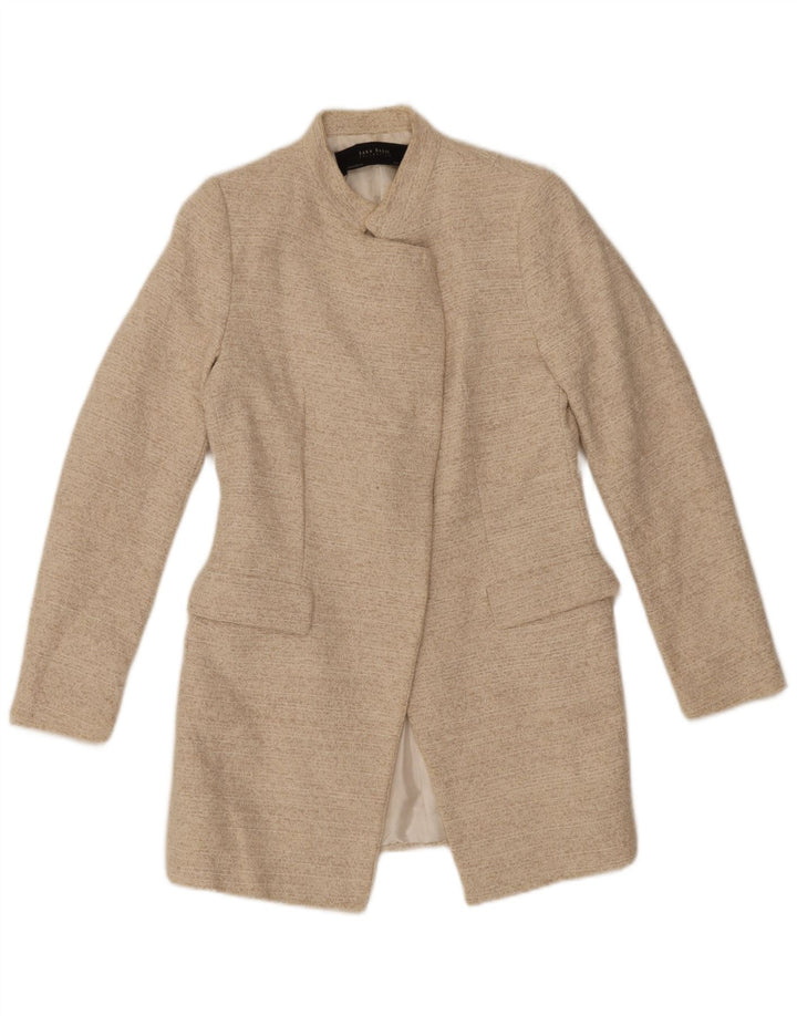 Zara Mujer Chaqueta Americana Abierta Reino Unido 42 Algodón Moteado Beige Mediano