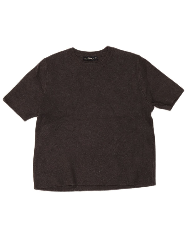 Zara Mujer Crop Manga Corta Cuello Barco Jersey Suéter UK 10 Small Gris