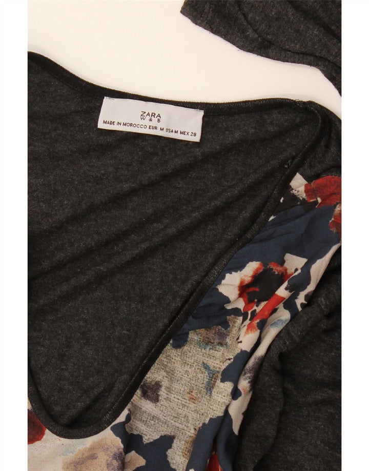 Zara Mujer Top Manga Larga UK 44 Gris Medio Floral