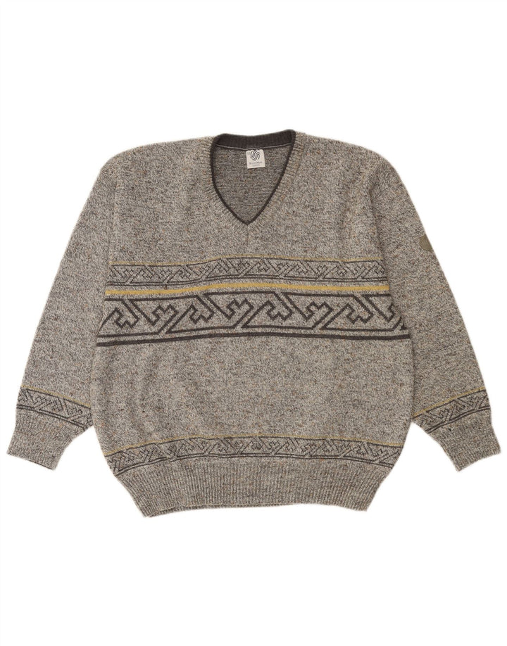 VINTAGE Jersey con cuello en V para hombre IT 52 Lana geométrica gris grande