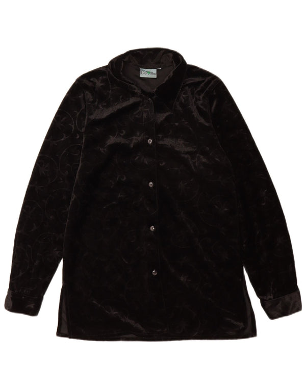 Vintage mujer Velour camisa blusa Reino Unido 12 medio negro Paisley poliéster