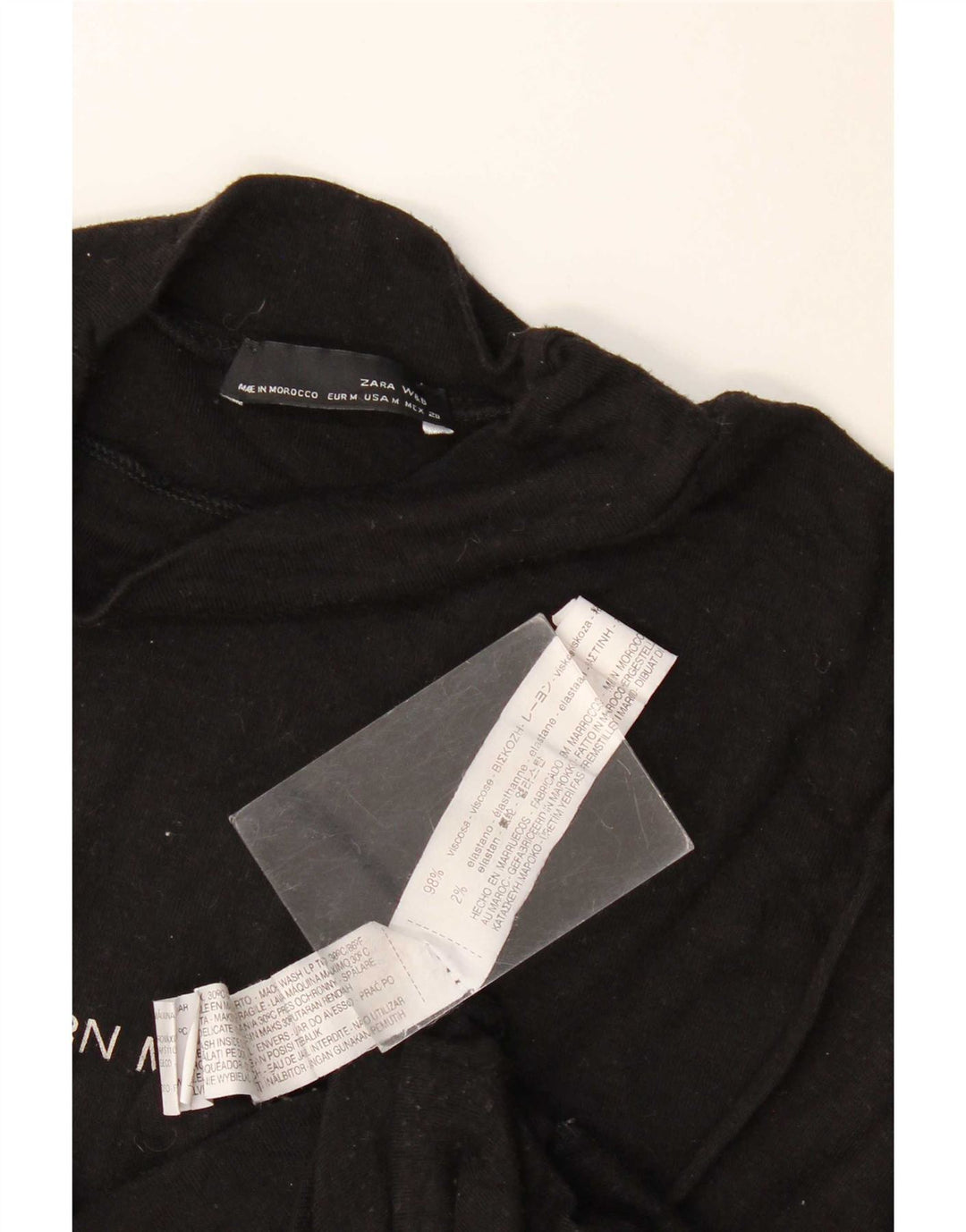 Zara Mujer Top Gráfico Manga 3/4 UK 44 Medium Viscosa Negra