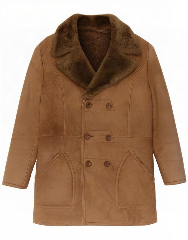 Vintage hombres shearling doble pecho abrigo Reino Unido 40 marrón grande